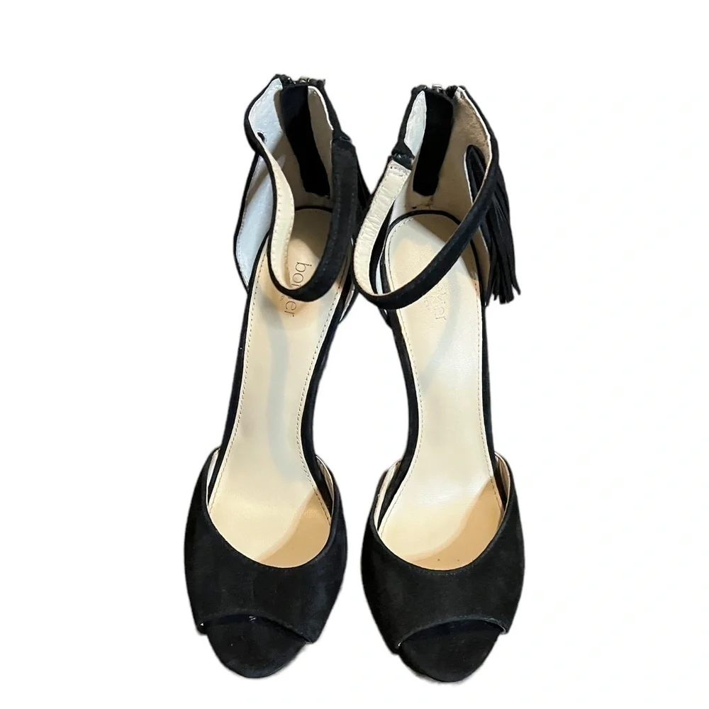 Women’s Botkier Peep Toe Heels Size 8 Black Suede Zip Back Tassels